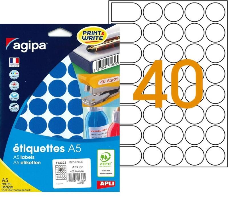 400 étiquettes bleues multi-usage, diamètre 24 mm (10 feuilles A5 / cdt) - 3270241143225_0