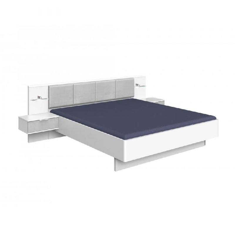 Lit VIRONI 180 x 200 cm - Chevets, étagère en verre avec éclairage LED - Décor chêne et béton - Tête de lit en cuir synthétique gris_0