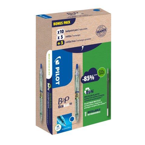 PACK DE 10 STYLOS BILLE B2P ECOBALL PILOT BLEU + 10 RECHARGES DONT 5 OFFERTES