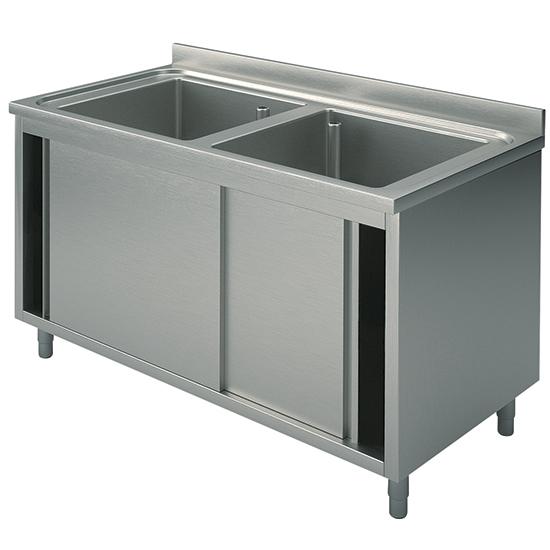 Plonge inox sur armoire, 2 bacs, avec portes coulissantes, 1600x700 mm - SLA21607_0