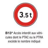 Signalisation d'interdiction type B13* - Accès interdit aux véhicules au PTAC ou PTRA excédant une limite - Formats de 450mm à 1250mm_0