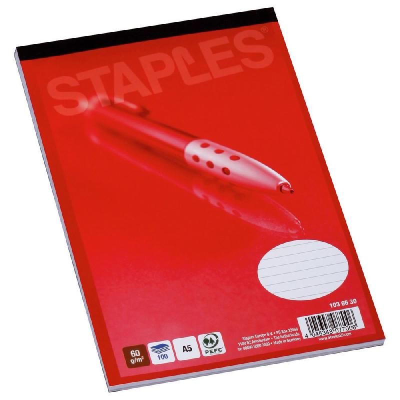 STAPLES BLOC-NOTES AGRAFÉ DIRECTION - FORMAT A5 (60 G/M2) - 100 PAGES NON PERFORÉES LIGNÉES - COULEURS ASSORTIES (PRIX À L'UNITÉ)