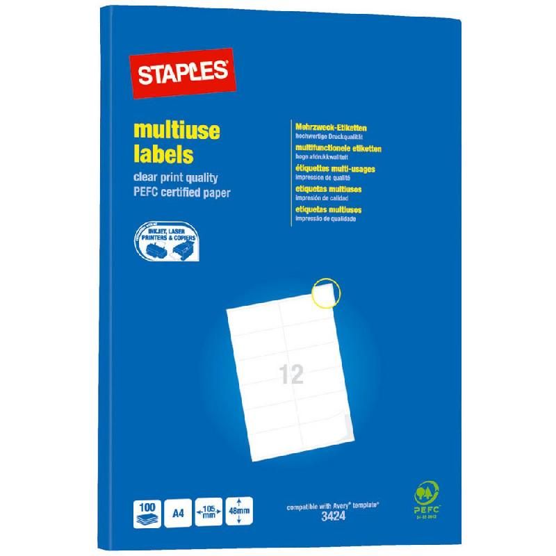 STAPLES ETIQUETTE MULTI-USAGES BLANCHE - STAPLES - 105 X 48 MM - BOÎTE DE 1200 ÉTIQUETTES