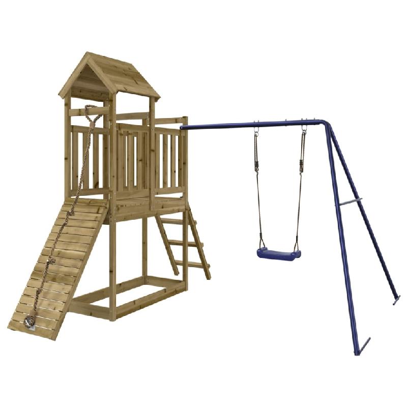 Aire de jeux d'extérieur en bois de pin imprégné - 242 x 248 x 214 cm - avec toboggan, balançoire, mur d'escalade et bac à sable - Réf : 02_0004653_0