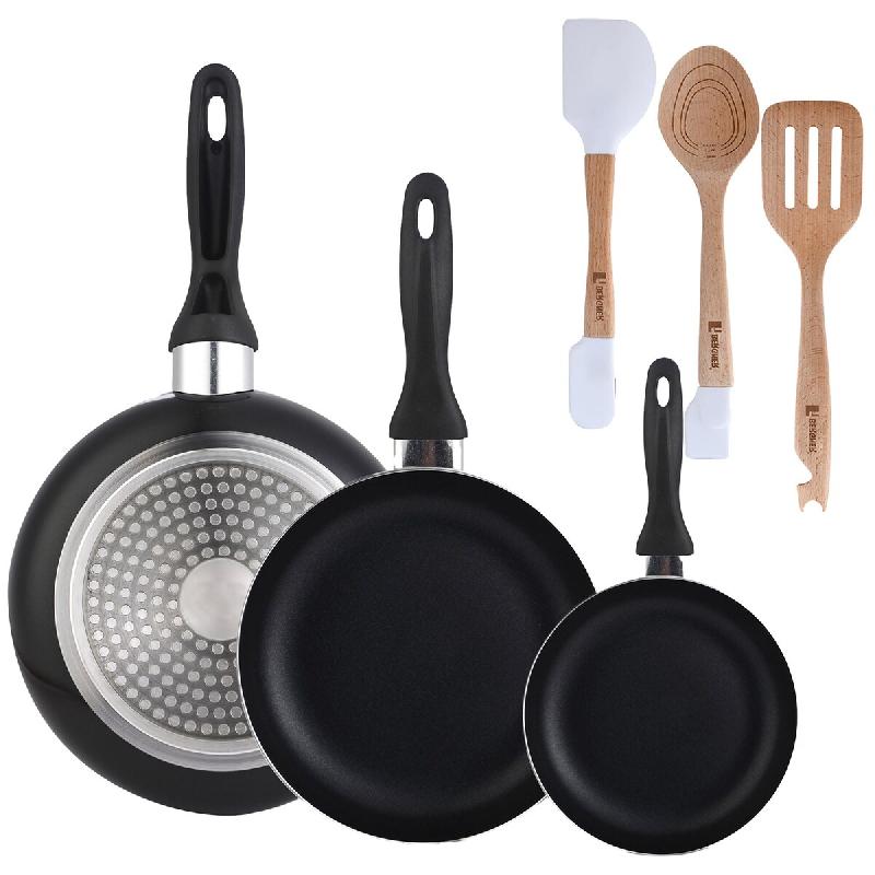 BERGNER - Set de 3 Poêles 16/20/24 en Aluminium Pressé Couleur Noire avec Set 3 Ustensiles en Silicone et Bois - PK9941_0