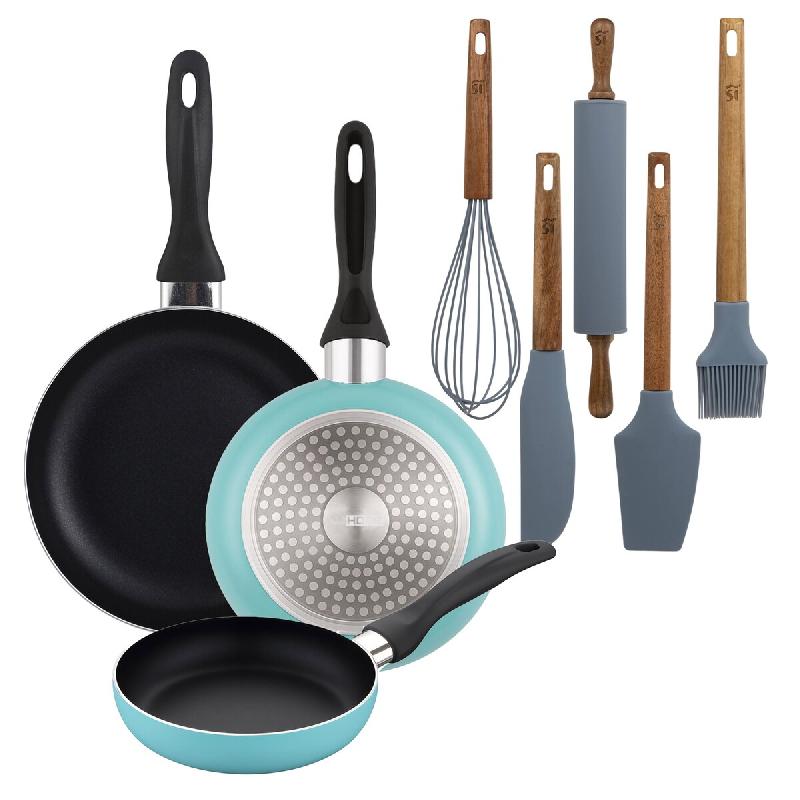 BERGNER - Set de 3 Poêles Ø16/20/24cm en Aluminium Pressé Bleu Mat avec Set de 5 Ustensiles de Cuisine en Silicone et Bois - PK9922_0