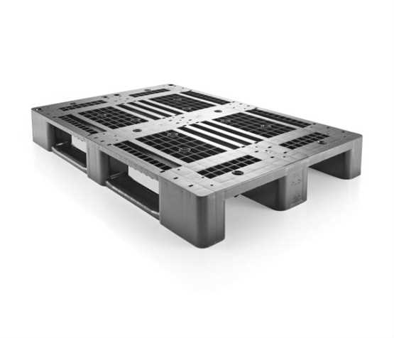 Palette plastique recyclé modèle D1 - D1-R, 3 semelles, renforts métalliques et pions antiglisse_0
