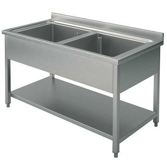 Plonge inox, 2 bacs, sur piètement, avec étagère inférieure, 1400x600 mm - SLG21466_0