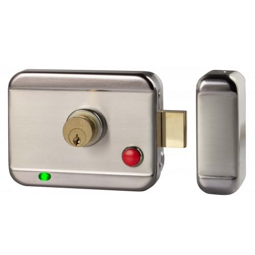 SERRURE ÉLECTRIQUE EN APPLIQUE AVEC CYLINDRE À RUPTURE - RÉVERSIBLE - BOUTON POUSSOIR IMPULSIONNEL IZYX