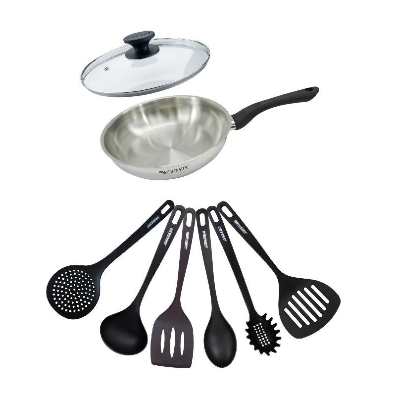 Set poêle 24 cm en inox, couvercle verre et 6 ustensiles Fackelmann Geneva - Acier inoxydable 18/10 3176239944273_0
