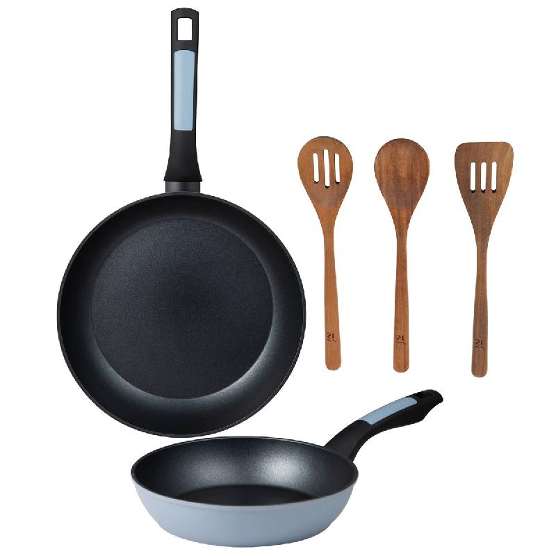 BERGNER - Jeu de 2 poêles Ø20/26 cm en aluminium pressé compatible induction avec jeu de 3 pièces d'ustensiles de cuisine en acacia - PK9511_0