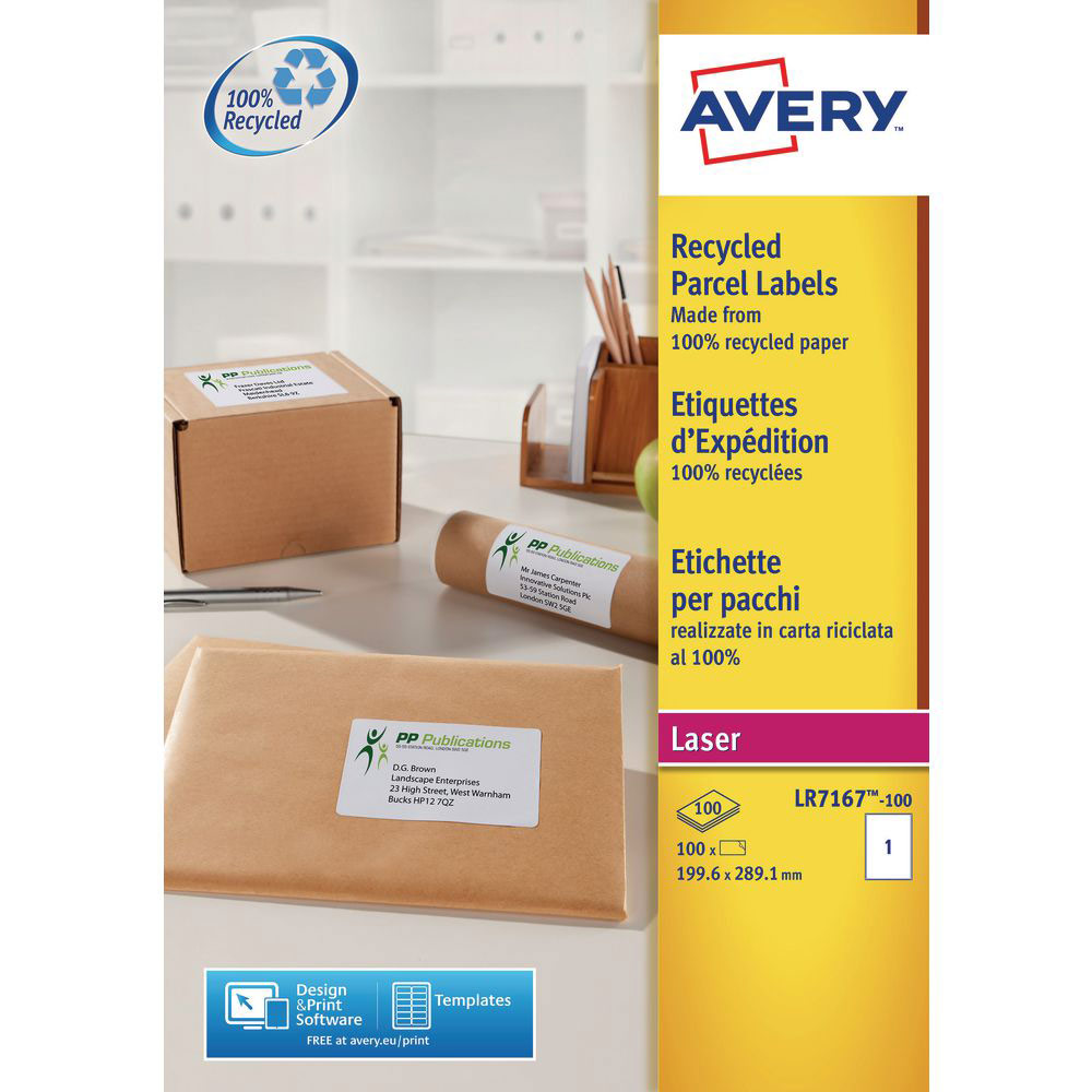 ETIQUETTES ADRESSE LASER RECYCLEES AVERY LR7167 - IMPRESSION LASER - BLANC - 199,6 X 289,1 MM - BOÎTE DE 100