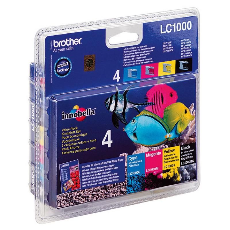 BROTHER CARTOUCHE D'ENCRE LC1000 (LC-1000VALBP) - INNOBELLA™ - PACK DE 4 - COULEUR: NOIR, CYAN, JAUNE, MAGENTA (LOT DE 4 CARTOUCHES)