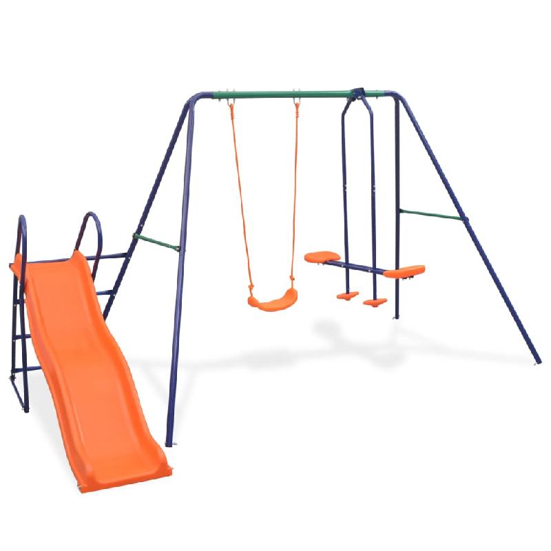 Ensemble de balançoire avec toboggan et 3 sièges - Orange - 02_0004707 - Structure robuste en acier et plastique résistant aux intempéries_0