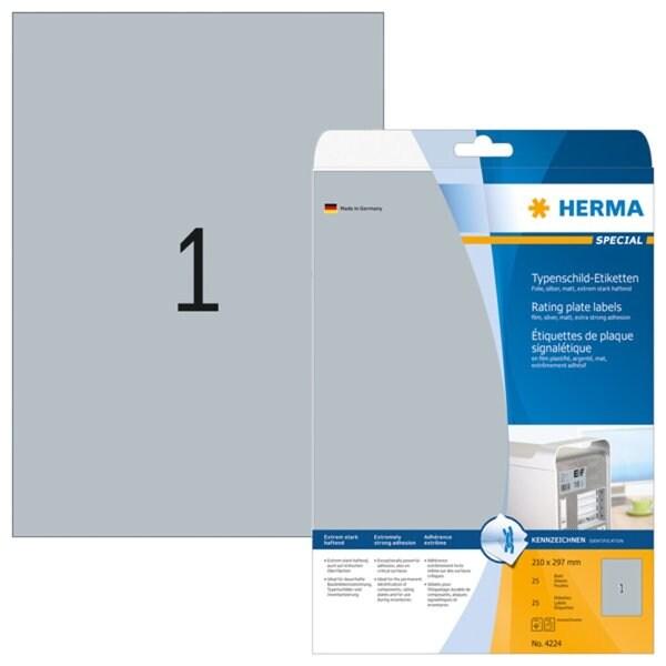 HERMA 25 étiquettes argent Special, en film polyester, format 210 x 297 mm (25 feuilles A4 / cdt) - 4224_0