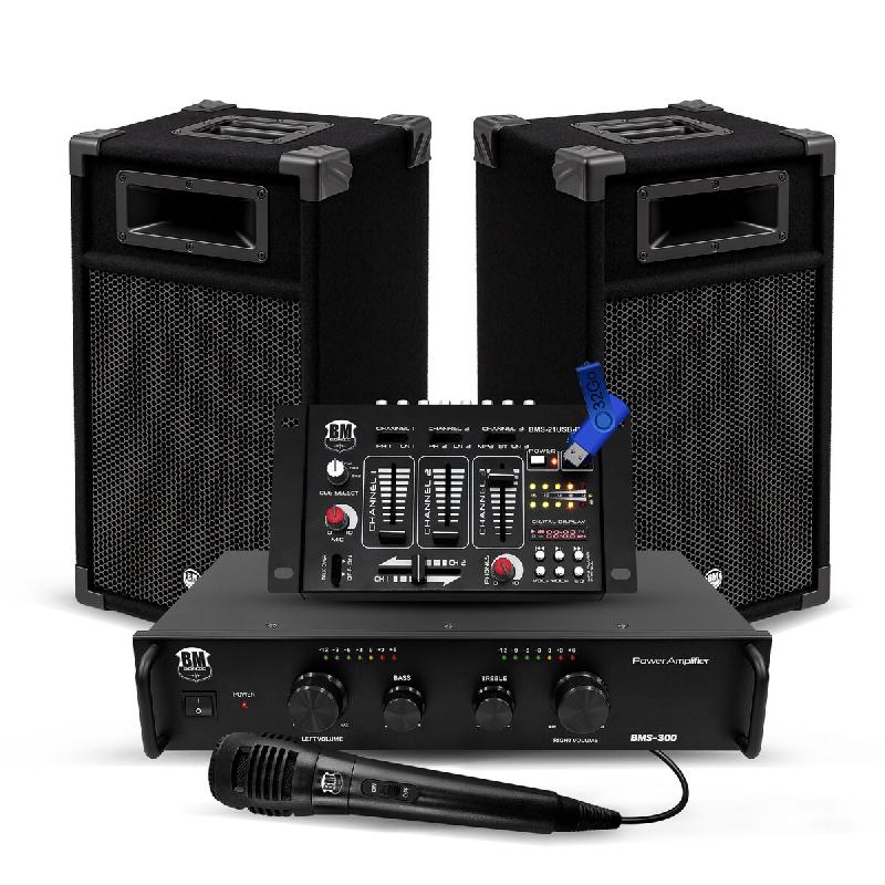 Kit Sonorisation 300W Bm Sonic BMS-DJ300-USB-BT Enceintes Ampli Table de Mixage Bluetooth USB, Microphone Câblages+Clé USB 32G - 3666638035356_0
