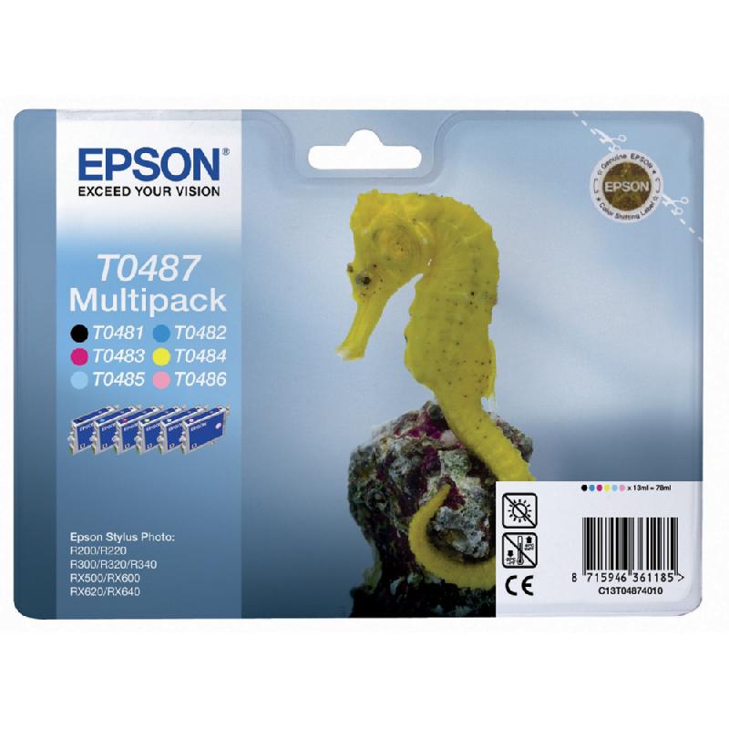 PACK 6 CARTOUCHES EPSON T0487 NOIR ET COULEURS (CYAN + MAGENTA + JAUNE + CYAN CLAIR + MAGENTA CLAIR) POUR IMPRIMANTES JET D'ENCRE