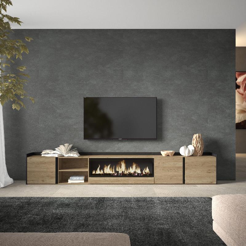 SKRAUT HOME - MEUBLE TV EFFET BOIS DE CHÊNE ET NOIR 315X35X50CM CHEMINÉE EFFET FEU