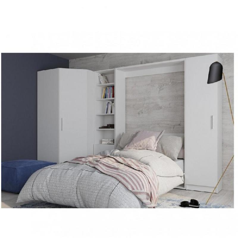 Composition armoire lit escamotable SMART-V2 blanc mat - Couchage 160 x 200 cm avec 2 colonnes de rangement et angle dressing_0