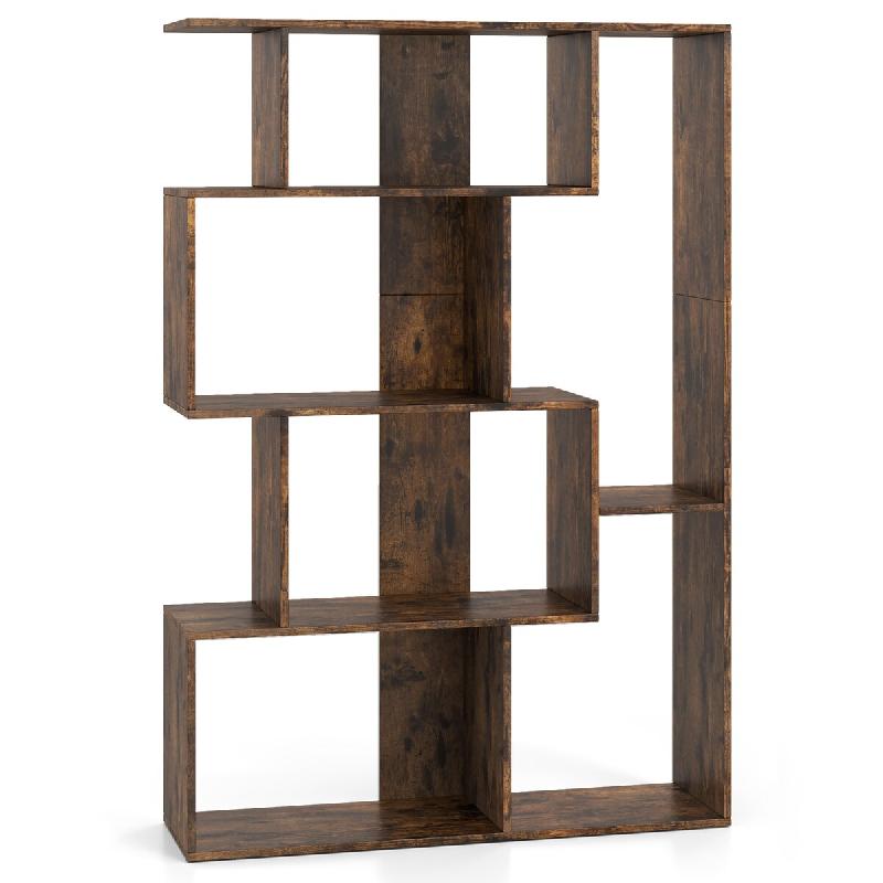 COSTWAY Bibliothèque géométrique en forme S en bois, anti‑basculement, utilisable comme séparateur, 80x30x119 cm, marron - marron Bois manufactu_0