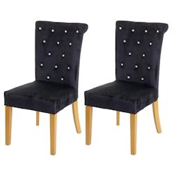 Décoshop26 - Lot de 2 chaises à manger cuisine en velours noir avec décoration bouton cristal pieds bois clairs 04_0000353 - noir 3000252848983_0