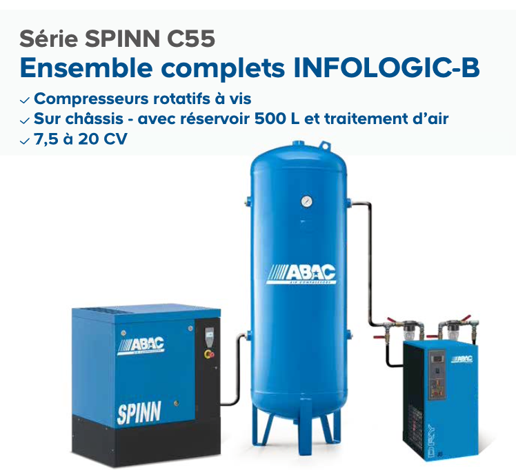 Ensemble complet - Compresseur rotatif à vis ABAC SPINN 7,5kW - 8 et 10 bars - Réservoir 500L_0