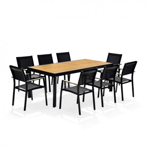 ENSEMBLE DE JARDIN MARCEAU ALUMINIUM NOIR 200/300CM + 10 FAUTEUILS EMPILABLES AVRIL PARIS