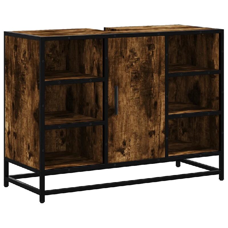Helloshop26 - Armoire lavabo salle de bain 80 x 33 x 60 cm design rétro style industriel rangement en bois chêne fumé 02_0049673 - métal 3000235954625_0