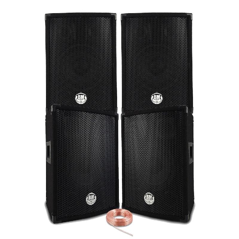 Pack Sono Sound 1200W Total - 4 Enceintes passives BM SONIC BMS 300W Noir -  Câbles HP - Soirée - Anniversaire - Mariage - DJ - 3666638039989_0