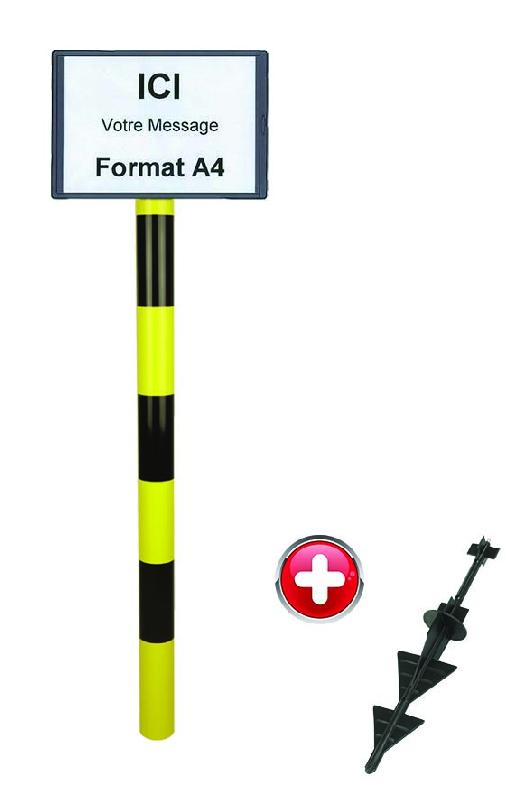 Poteau PVC grande hauteur Jaune/Noir sur pointe avec support d'information A4 - 2000611_0
