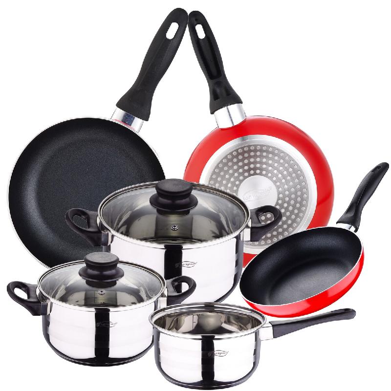 San Ignacio - Batterie de cuisine Toledo : 3 Casseroles avec Couvercles et Set 3 poêles Ø16/20/24cm en Acier inox/Aluminium pressé - inox PK2356_0