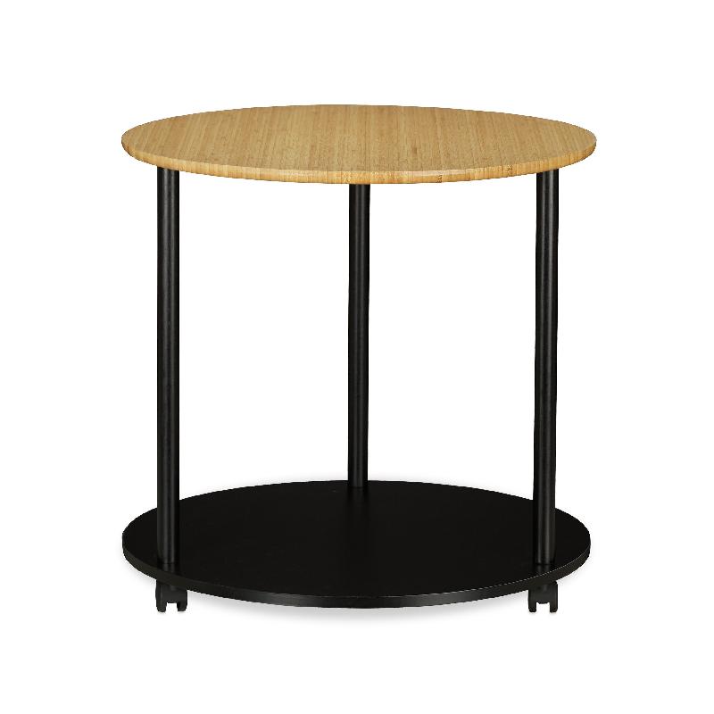 Table d'appoint ronde sur roulettes - diamètre 60 cm - bois et noir - multifonctionnelle avec double plateau - 13_0002658_0