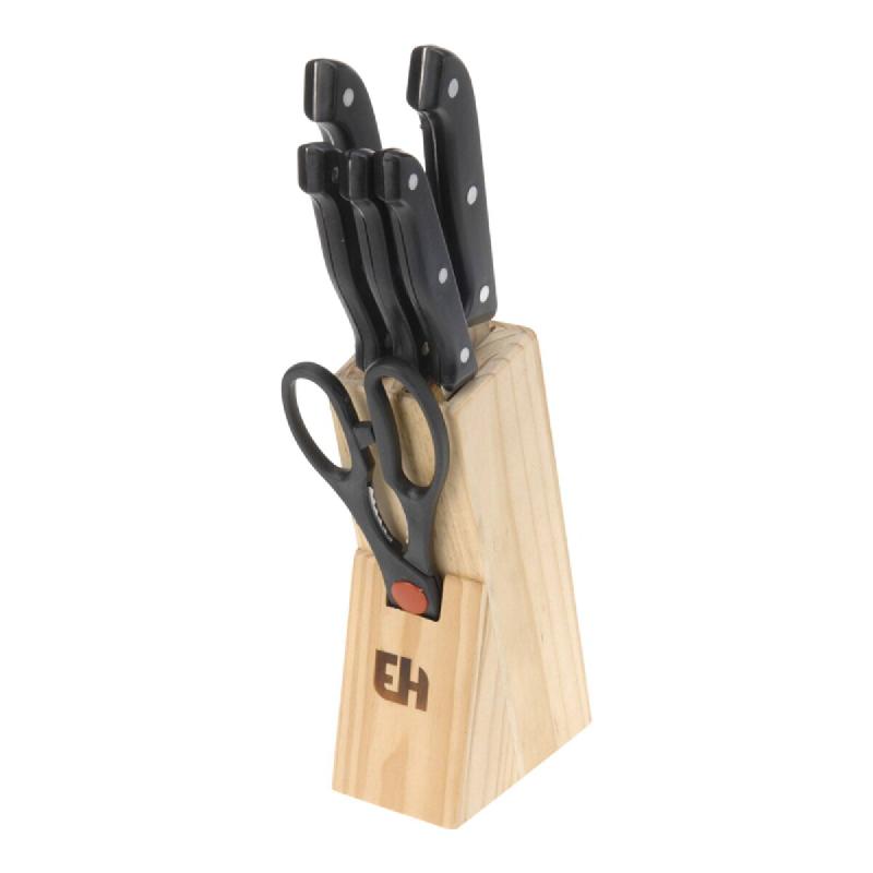 WellHome - Jeu de couteaux 6 pièces en acier avec bloc en bois - noir inox WH15591_0