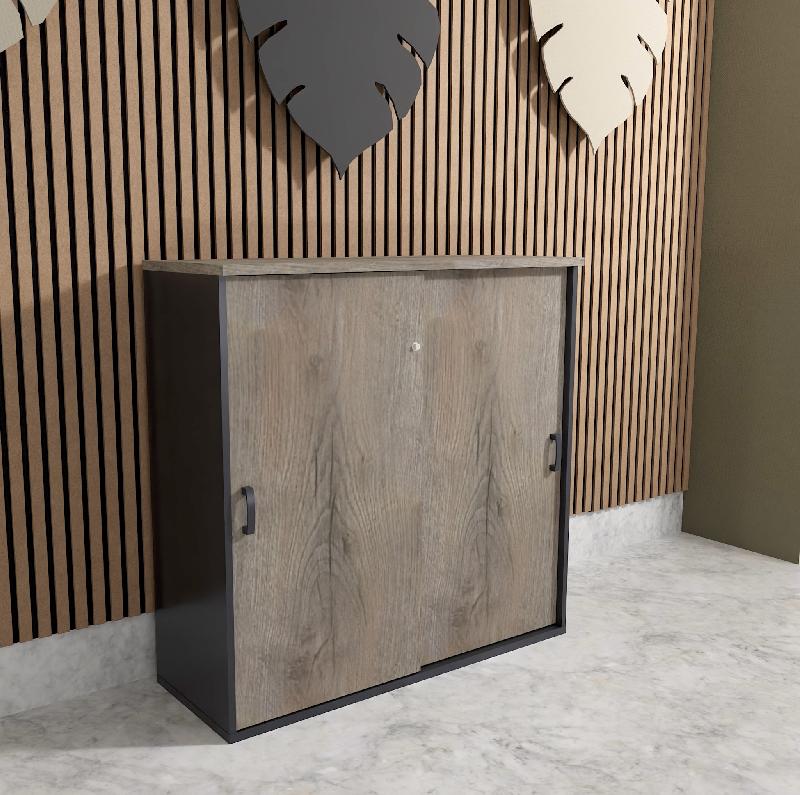 Armoire mi-haute à portes coulissantes - Mobel Linea - 100, Gris anthracite, Chêne grisé_0