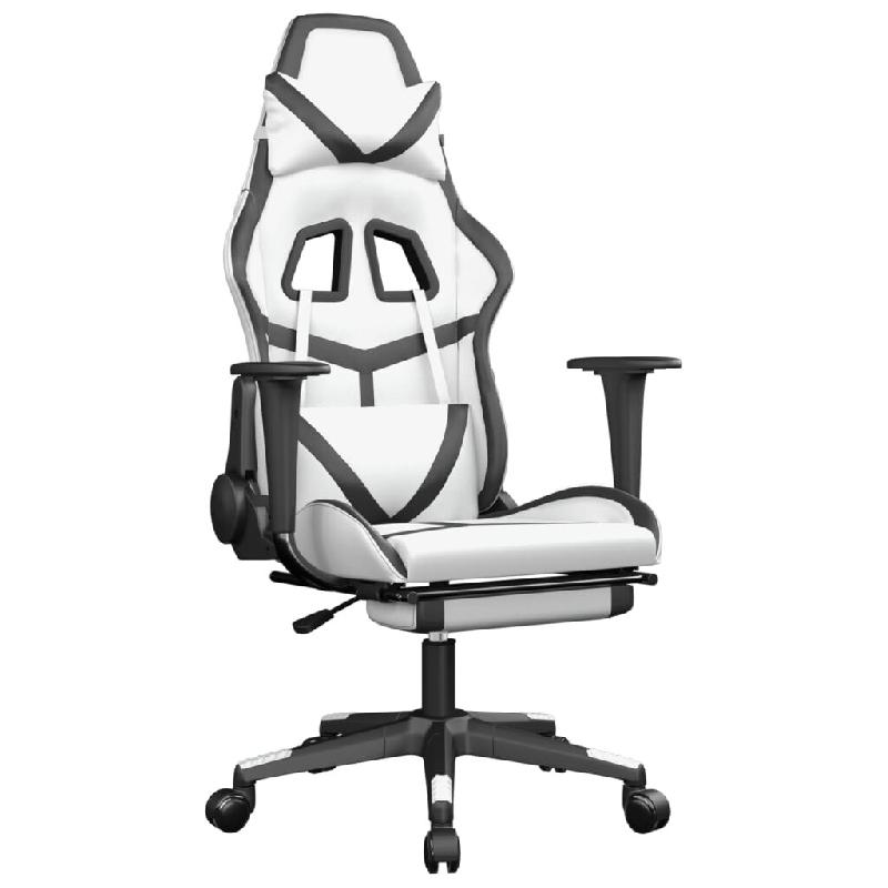 Décoshop26 - Fauteuil de bureau chaise gaming fonction de massage avec coussin lombaire et repose-pieds PVC blanc et noir DEC025829 - blanc 300025547_0