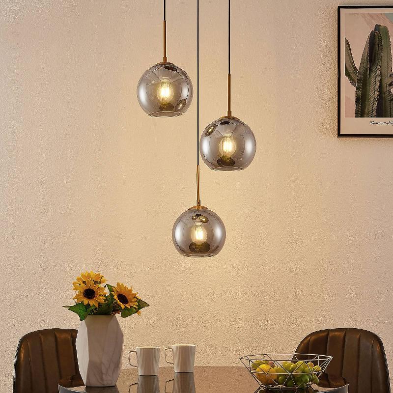 LINDBY SUSPENSION JURIAN, 32 CM, 3 LAMPES, BRONZE, FUMÉ, VERRE
