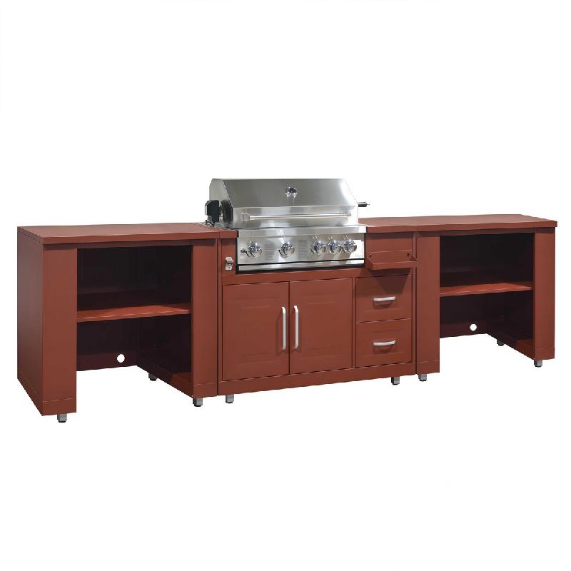 Oviala Business Oviala Cuisine d'extérieur 3 élements avec barbecue en acier 96 x 300 x 66 cm brique - marron acier 115297_0