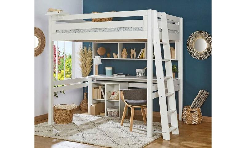 PACK LIT MEZZANINE 2 PLACES ABEL + MATELAS  BLANC 120X190 CM ECHELLE PETIT CÔTÉ MATELAS HAVEL
