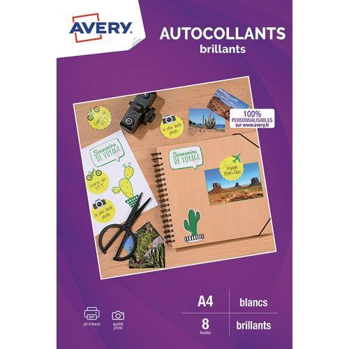 SACHET DE 8 AUTOCOLLANTS AVERY BLANCS BRILLANTS QUALITE PHOTO A4 - IMPRESSION JET D'ENCRE