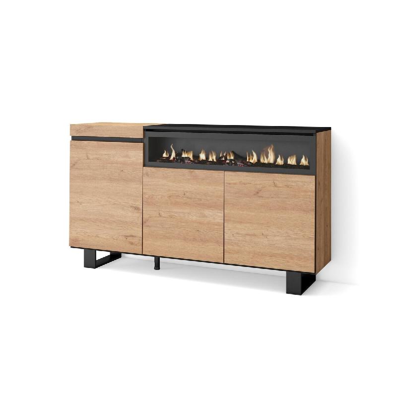 SKRAUT HOME Buffet salon et cuisine, 150x87x35cm, 3 Portes, Cheminée électrique, Design industriel, Chêne et noir - beige Bois manufacturé 69_8_0