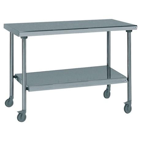 TABLE INOX CENTRALE SUR ROUES AVEC ÉTAGÈRE INFÉRIEURE FIXE LONGUEUR  1400 MM