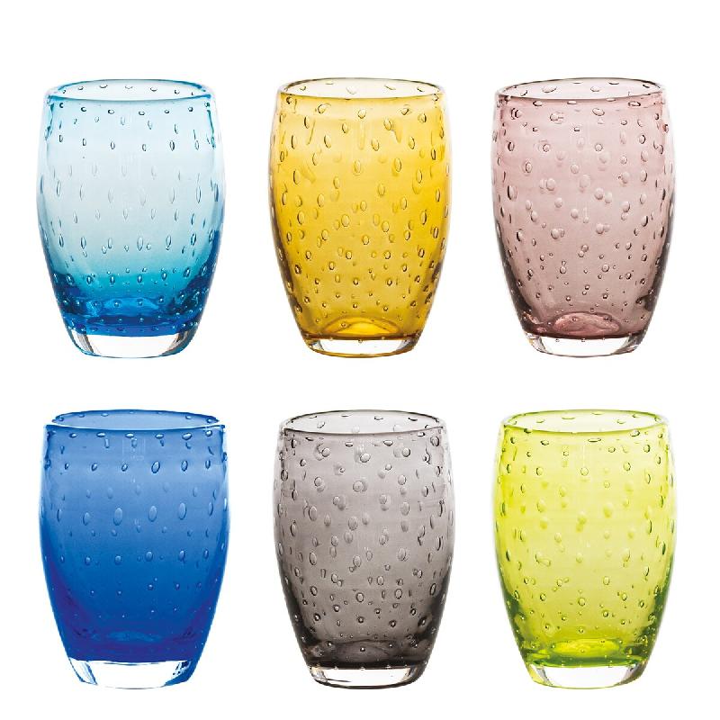 Zafferano Ensemble de 6 Verres Bolicante en Verre Soufflé Artisanal de Murano, Design Effet Bulles, Couleurs Assorties, Résistants au Lave-vaisselle_0