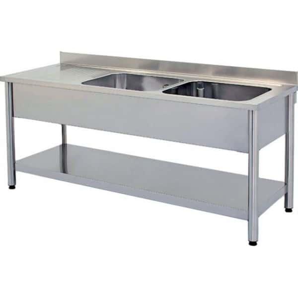 Plonge démontable sur pieds ronds avec étagère inox ferritique 2 bacs à droite dimension bac: L 400 x P 400 x H 250 mm (Longueur, mm: 1600 - Réf F-DRP_0