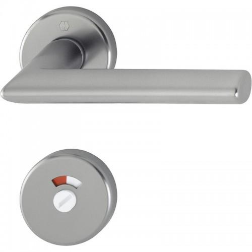 POIGNÉE DE PORTE DOUBLE SUR ROSACES RONDES STOCKHOLM FINITION INOX - À CONDAMNATION AVEC VOYANT HOPPE