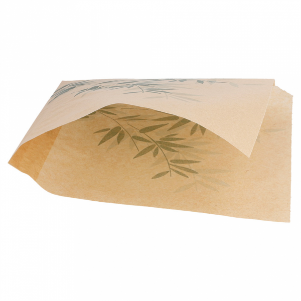 SACHET OUVERT 2 COTÉS 34G/M² 13X14CM PARCHEMIN ANTI-GRAISSE MARRON MOTIFS FEUILLES VERTES - LOT DE 1000 - AZ BOUTIQUE - FEEL GREEN
