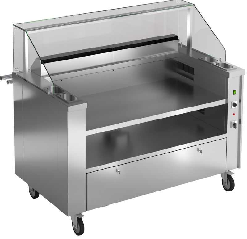 STATION DE CUISSON MOBILE POUR 2 APPAREILS DE TABLE AVEC PONT SUPÉRIEUR EN VERRE
