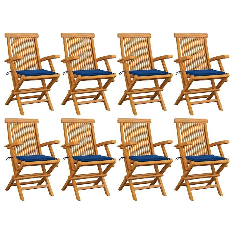 VidaXL Chaises De Jardin Avec Coussins Bleu Royal Lot De 8 Teck Massif - bleu 3072899_0
