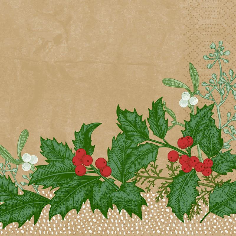 SERVIETTES BEIGE OUATE DE CELLULOSE 33X33 CM SNOWY BERRIES DUNI (50 PIÈCES)