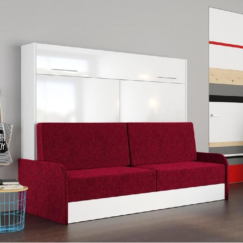 ARMOIRE LIT ESCAMOTABLE VERTIGO SOFA FAÇADE BLANC BRILLANT CANAPÉ ACCOUDOIRS ROUGE 160*200 CM_0