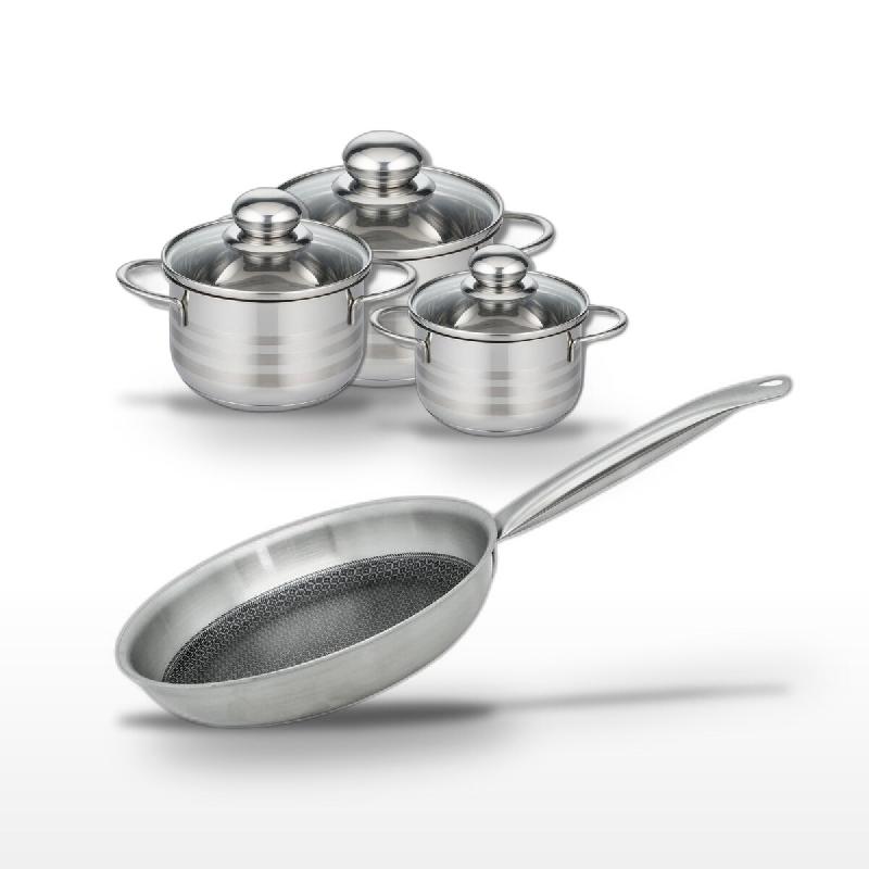 Batterie de cuisine avec 3 faitouts 12/14/16 cm et 1 poêle de cuisson 24 cm en inox sans PFAS Elo Collection Relief Solution Brillant - gris 31762399_0